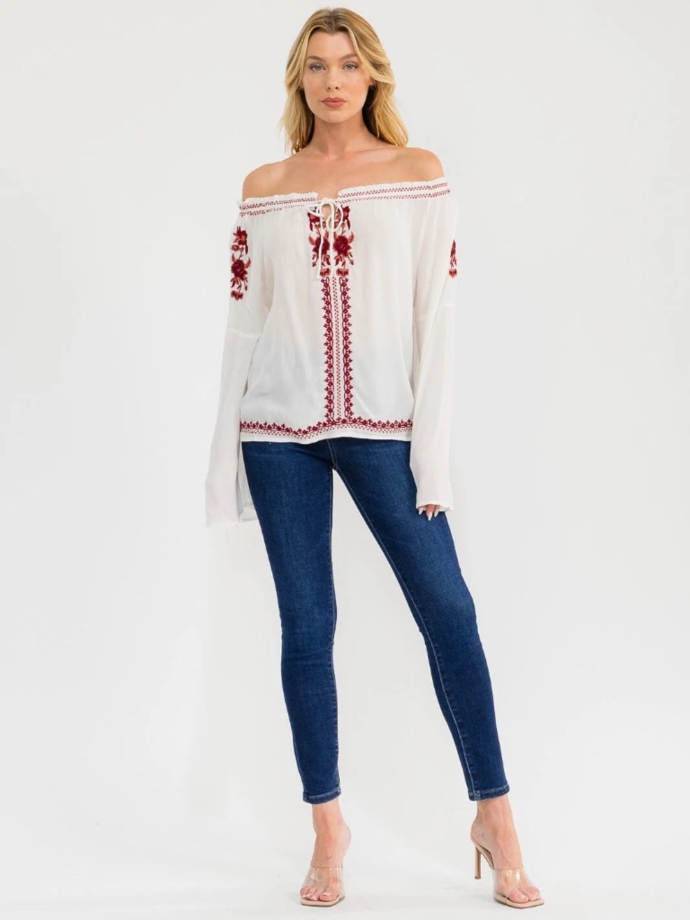 "Talori" Women's Long Belt Sleeve Embroidery Detailed Tunic Blouse White / Black